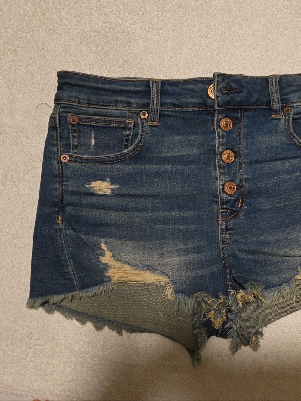 American Eagle Outfitters Distressed Dark Blue Denim Button-Fly Shorts